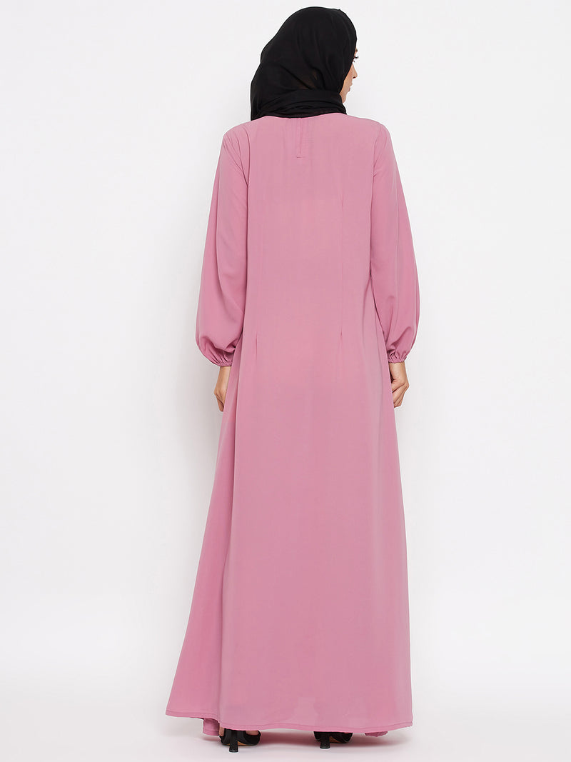 Nabia Women Puce Pink Solid Lace Maxi Abaya Dress With Georgette Scarf