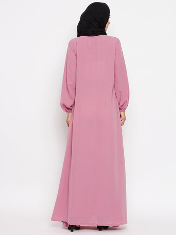 Nabia Women Puce Pink Solid Lace Maxi Abaya Dress With Georgette Scarf