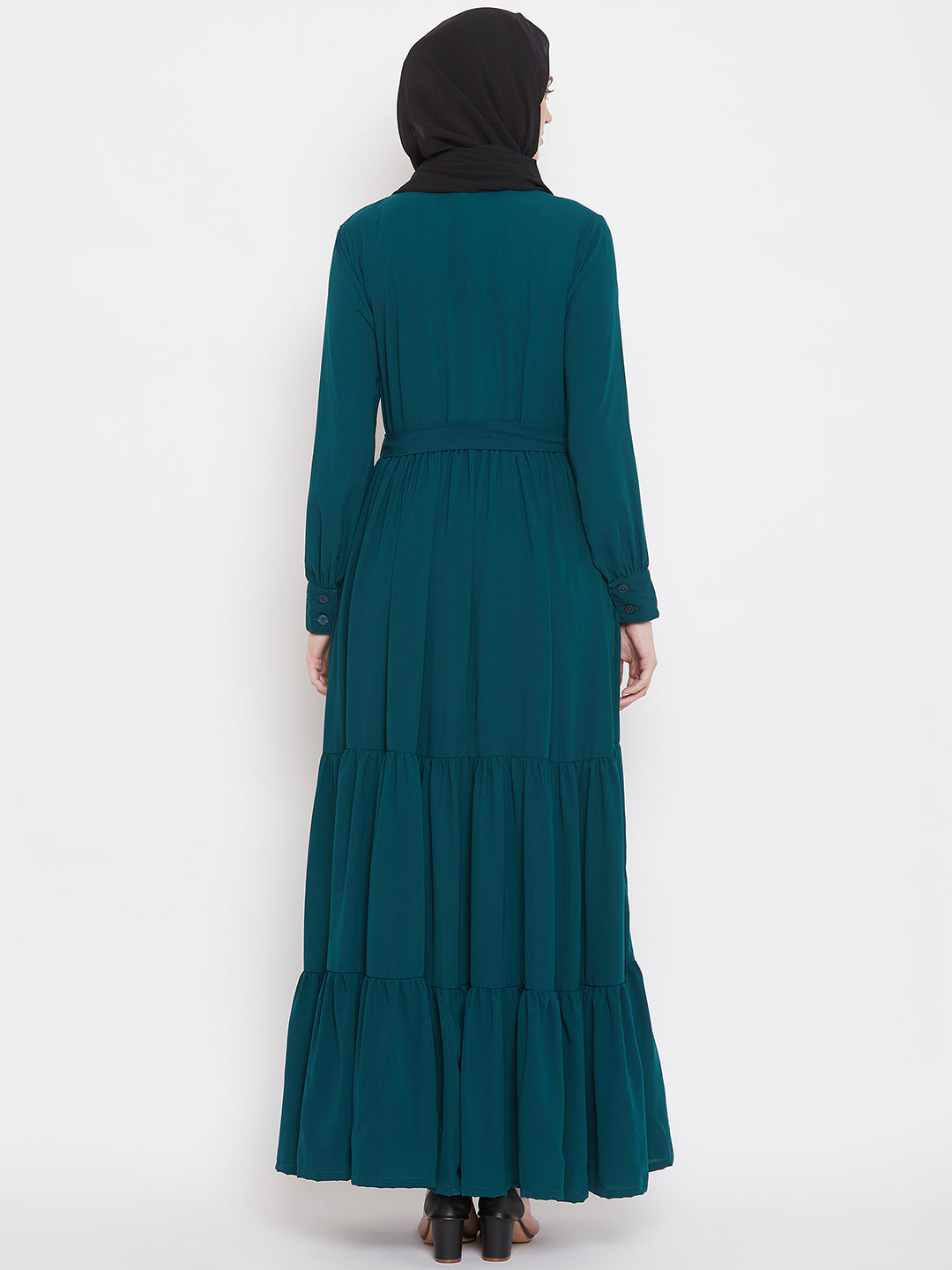 Nabia Women Bottle Green Solid Front Open Three Frilled Abaya  With Georgette Scarf