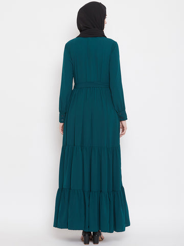 Nabia Women Bottle Green Solid Front Open Three Frilled Abaya  With Georgette Scarf
