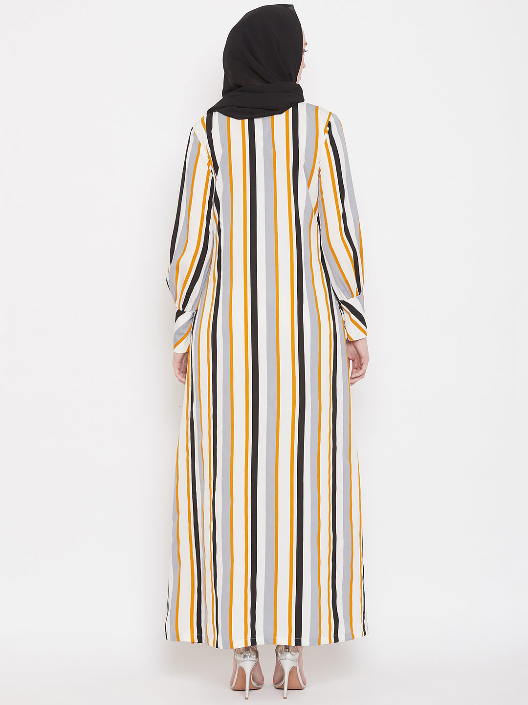 Nabia Women Yellow Front Open Striped Abaya with Georgette Scarf