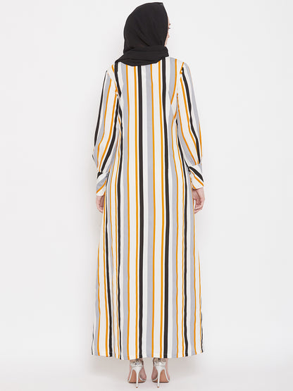 Nabia Women Yellow Front Open Striped Abaya with Georgette Scarf