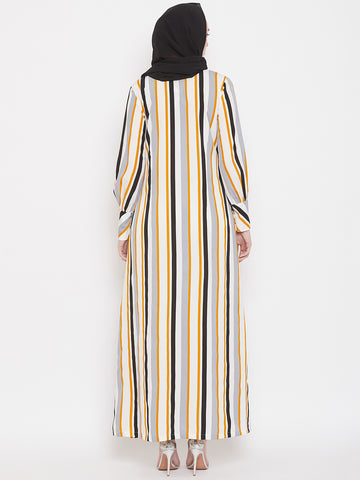Nabia Women Yellow Front Open Striped Abaya With Georgette Scarf