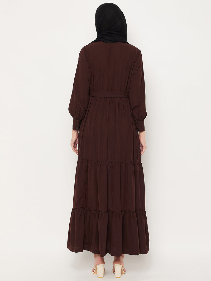 Nabia Brown Frilled Nida Matte Fabric Women Abaya With Georgette Scarf