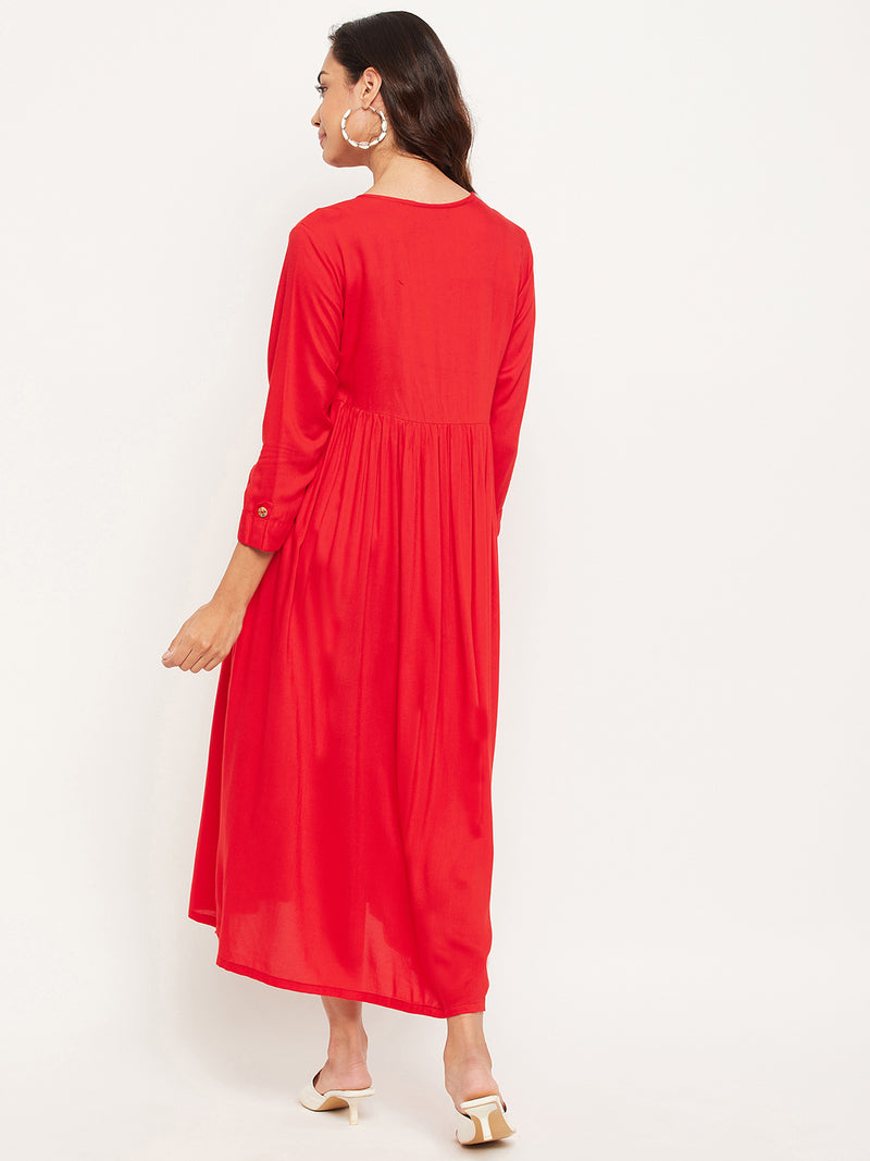 Red Solid Maternity Dress for Women