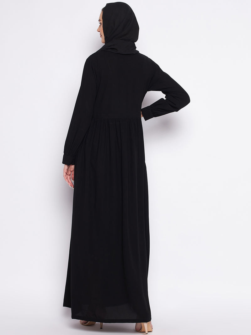 Nabia Black Solid Nida Matte Fabric Abaya For Women With Georgette Scarf