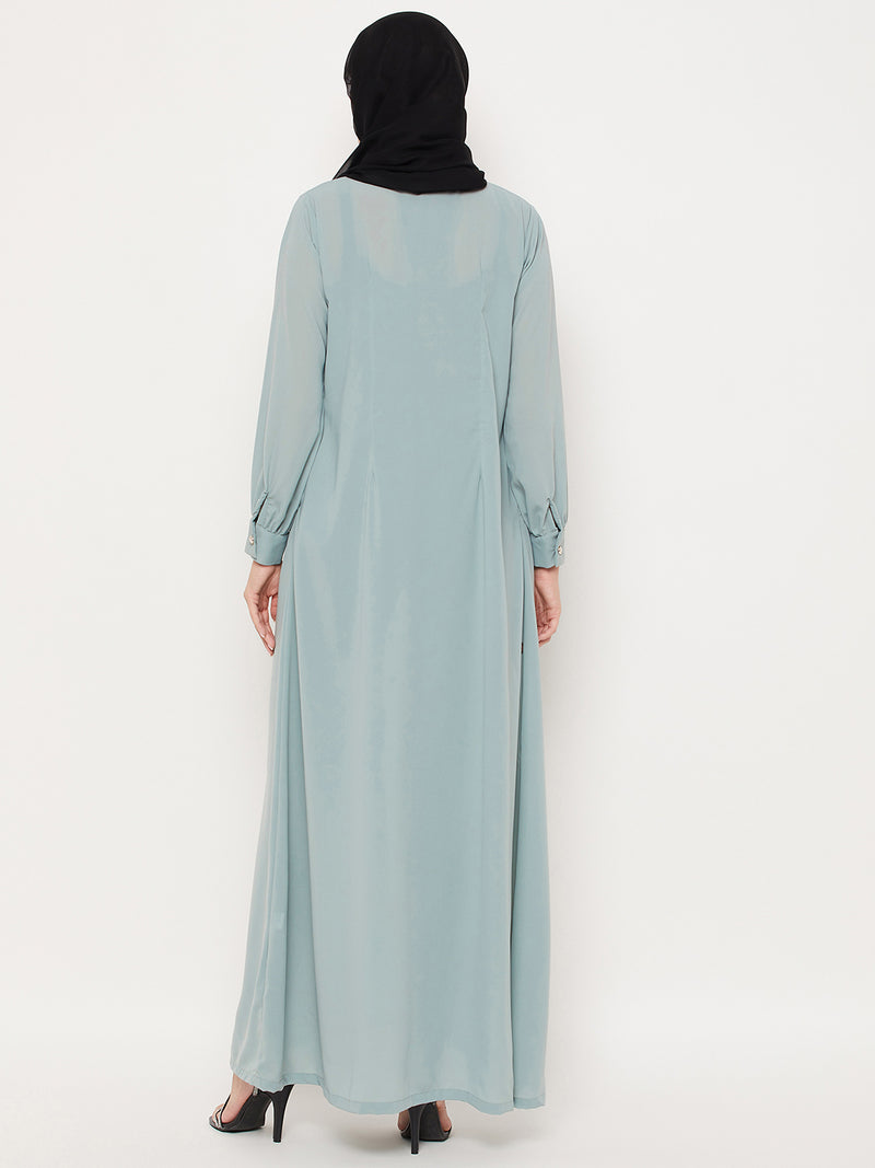 Nabia Sea Green Nida Mate Fabric Front Open Abaya With Georgette Scarf