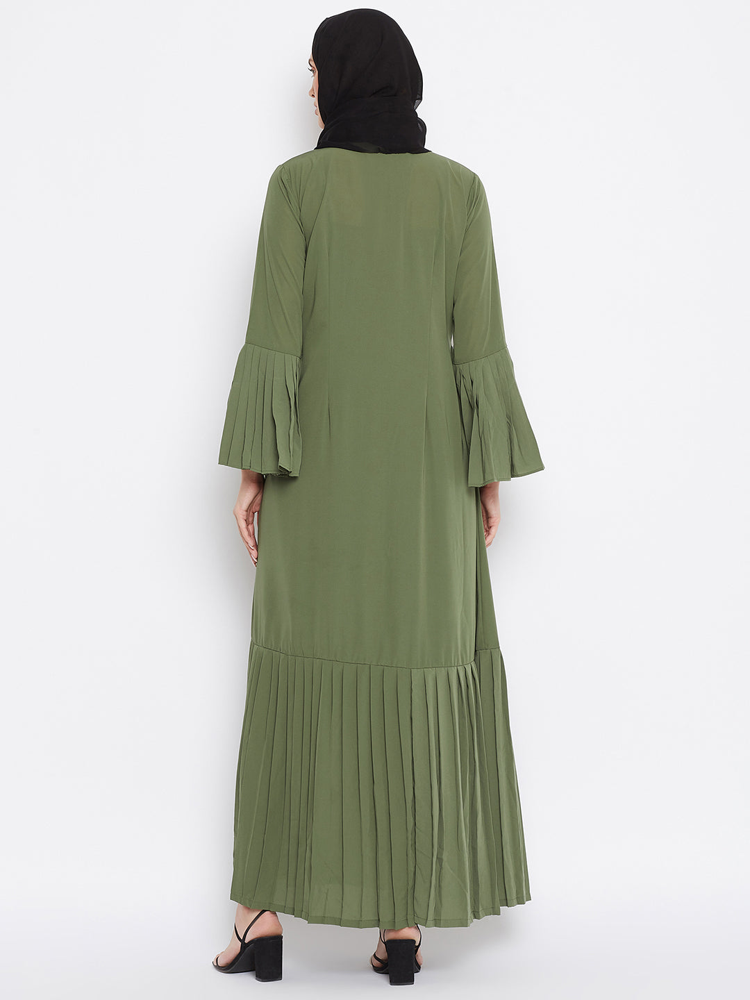 Nabia Women Jate Green Solid Nida Plated Front Open Abaya With Georgette Scarf