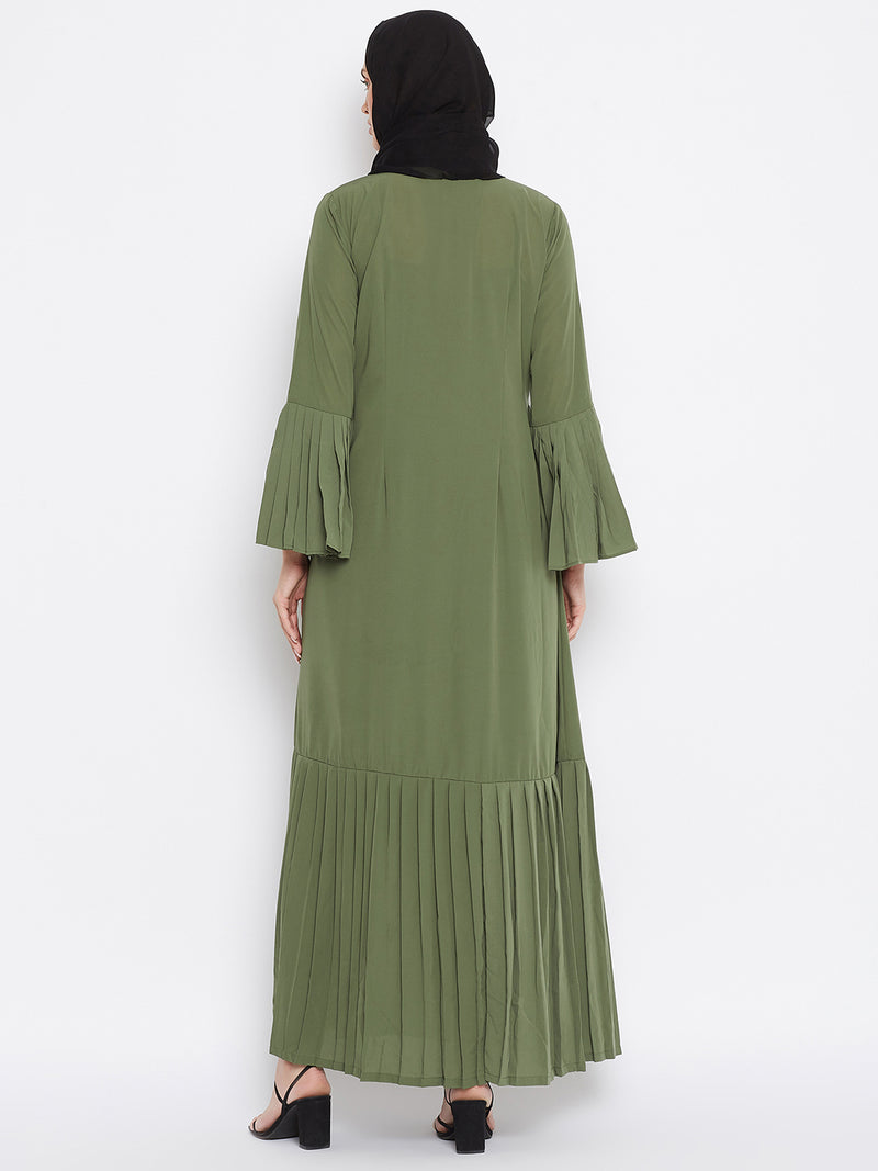 Nabia Women Jate Green Solid Nida Plated Front Open Abaya With Georgette Scarf