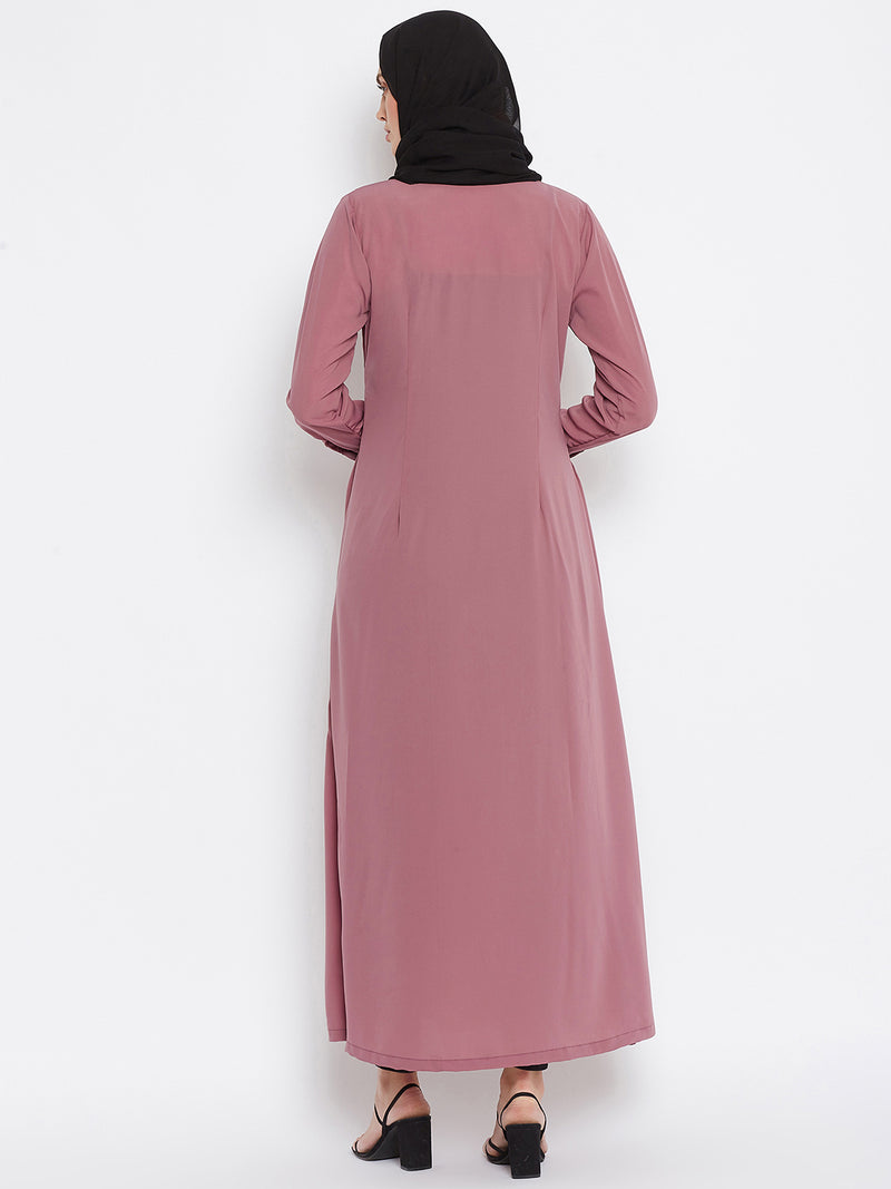 Nabia Women Pink Solid Nida Matte Front Open Plat Design Abaya With Georgette Scarf