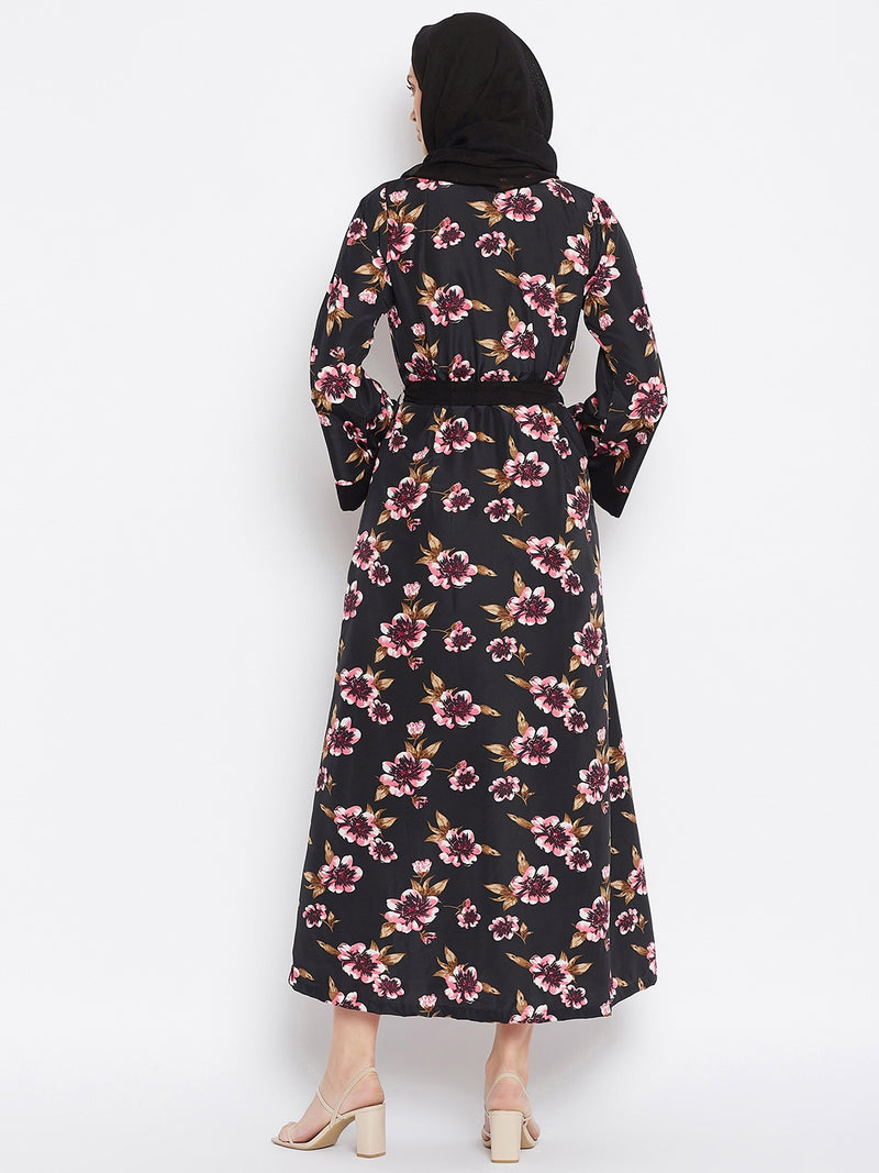 Nabia Women Black Floral Printed Shrug Attached Casual Abaya With Georgette Scarf