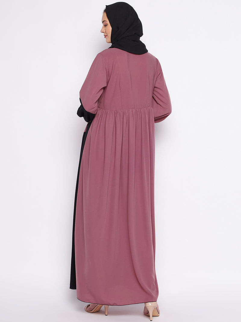 Puce Pink & Black Nida Matte Fabric Abaya For Women With Georgette Scarf