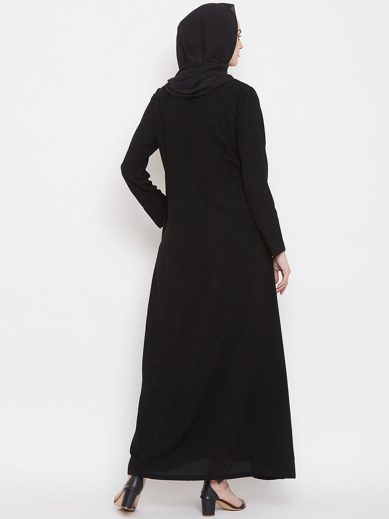 Nabia Women Black Solid Side Plate Abaya Dress With Georgette Scarf