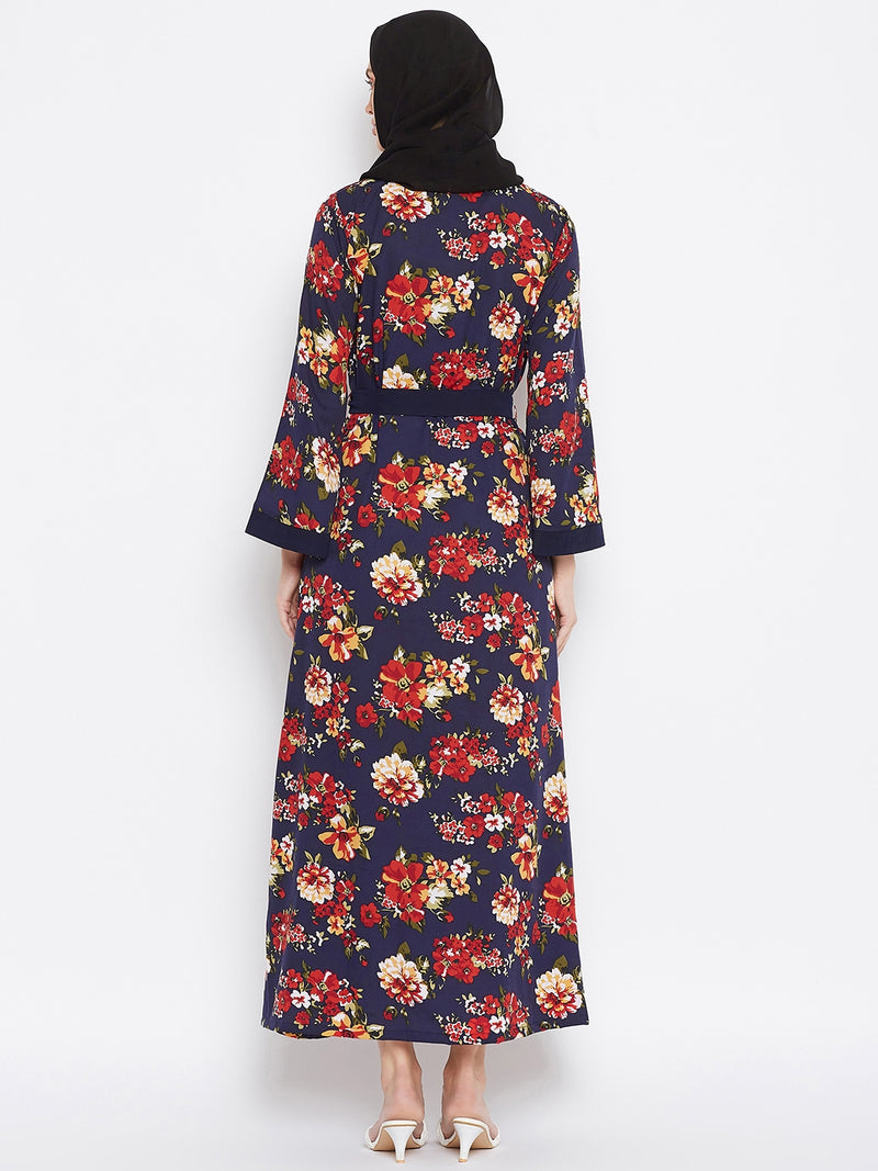 Nabia Women Blue & Red Floral Printed Shrug Attached Casual Abaya With Georgette Scarf