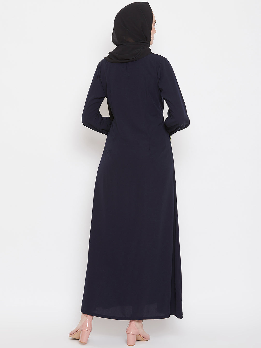 Nabia Women Blue Embroidery Nida Matte Fabric Abaya With Georgette Scarf