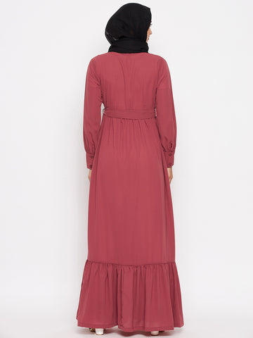Nabia  Women Rust Front Open Nida Matte Abaya With Georgette Scarf