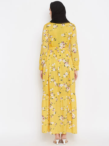 Nabia Women Yellow Floral Printed Crepe Two Frill Abaya Dress With Georgette Scarf