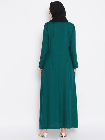 Nabia Women Bottle Green Rayon Front Open Abaya with Georgette Scarf