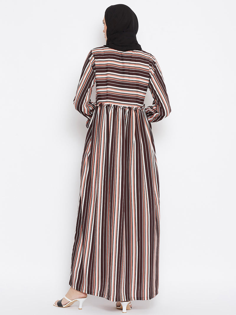 Nabia Women Brown Solid Stripe Crepe Abaya Dress With Georgette Scarf