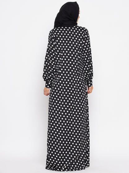 Nabia Women Black Polka Crepe Abaya Dress With Georgette Scarf