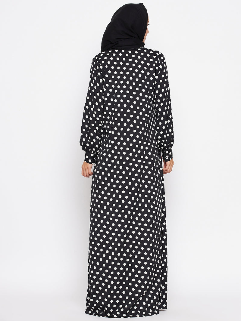 Nabia Women Black Polka Crepe Abaya Dress With Georgette Scarf