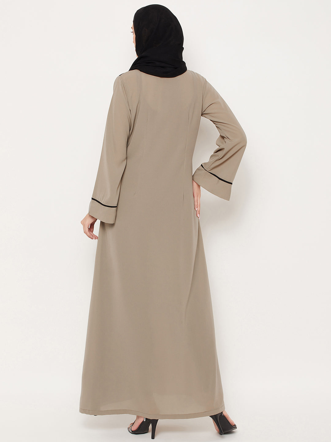 Nabia Beige & Black Nida Matte Fabric Abaya For Women With Georgette Scarf