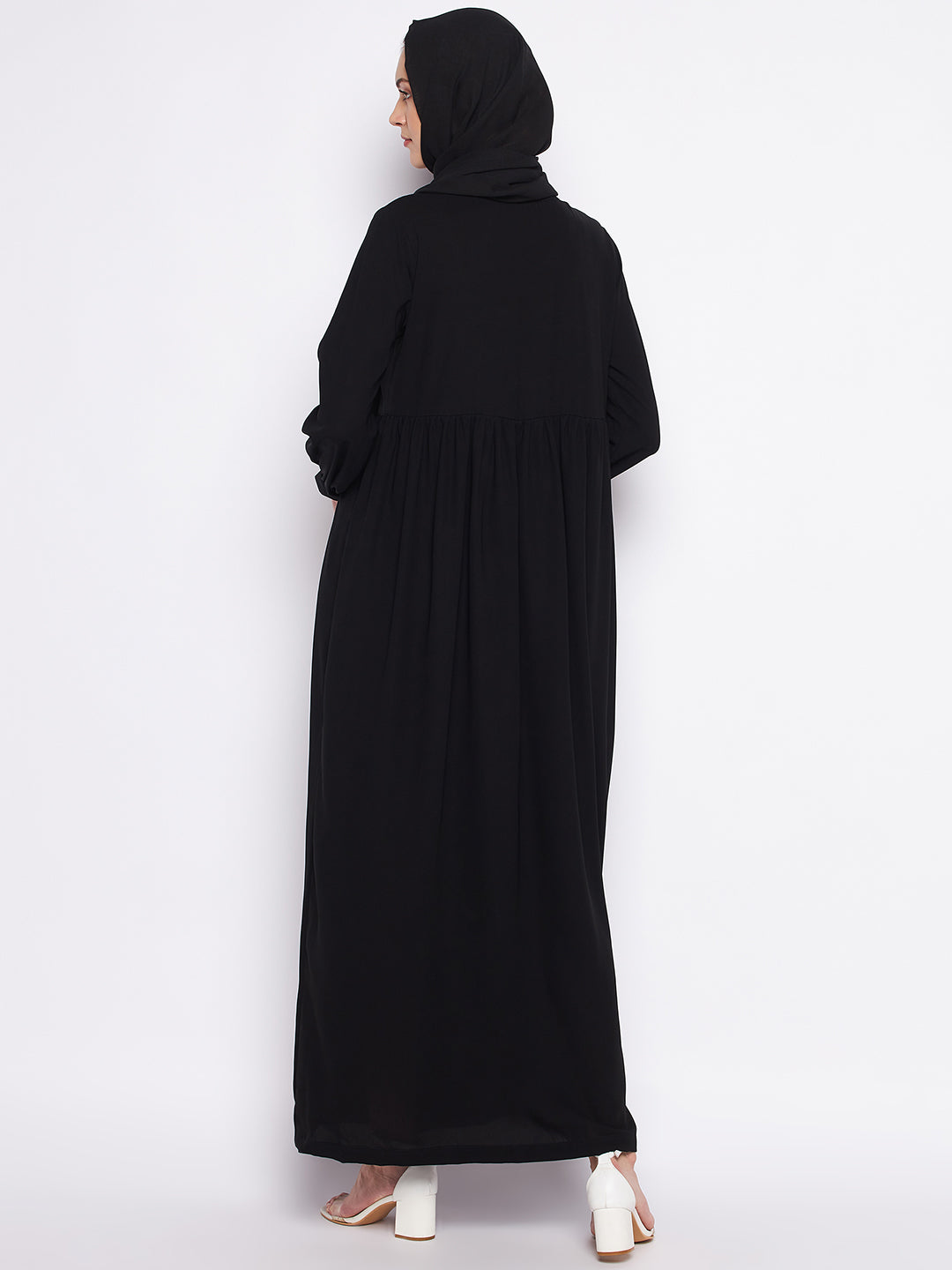 Nabia Black Solid Nida Matte Fabric Abaya For Women With Georgette Scarf