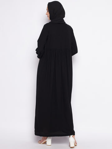 Nabia Black Solid Nida Matte Fabric Abaya For Women With Georgette Scarf