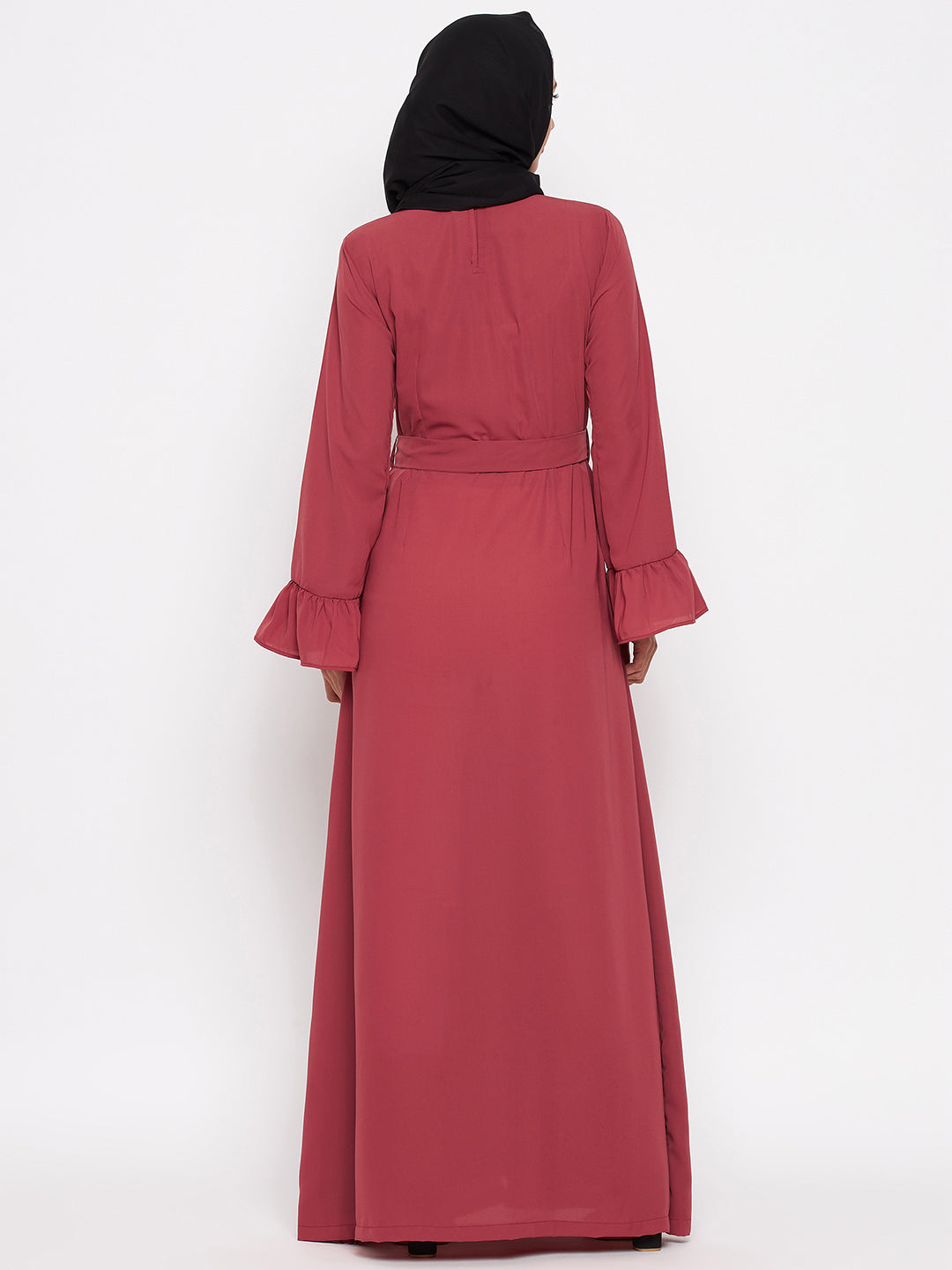 Nabia Women Rust & Black Solid Two Color Combination Bell Sleeves Abaya With Georgette Scarf