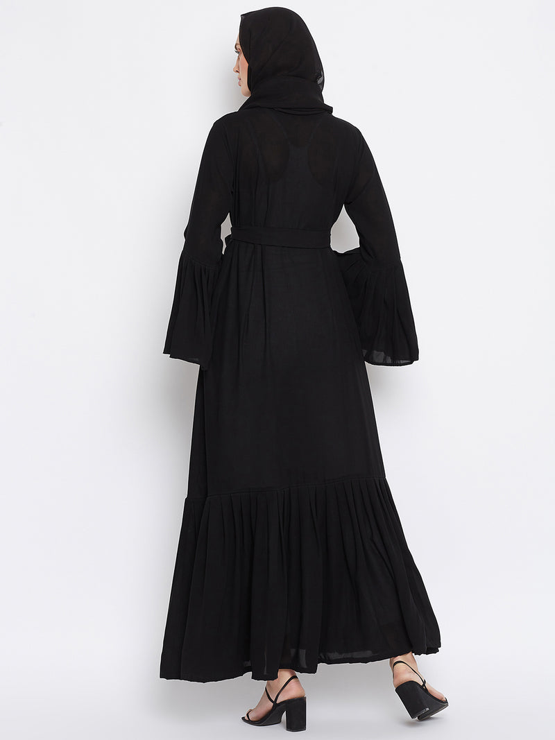 Nabia Women Black Solid Nida Plated Front Open Abaya With Georgette Scarf