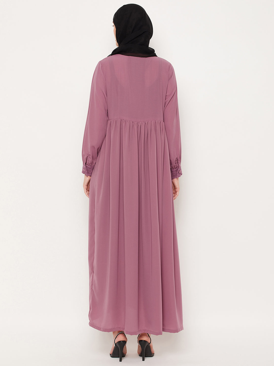 Nabia Puce Pink Lace work Nida Matte Women Abaya With Georgette Scarf