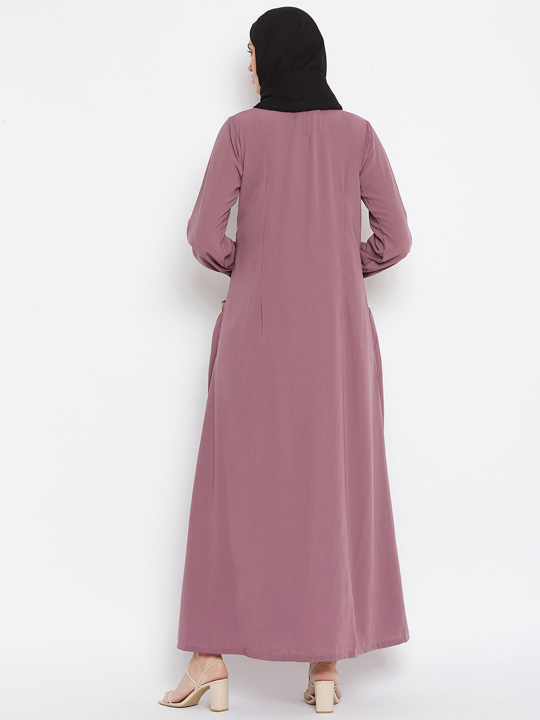 Nabia Women Pink Pocket Embroidery Nida Matte Fabric Abaya with Georgette Scarf