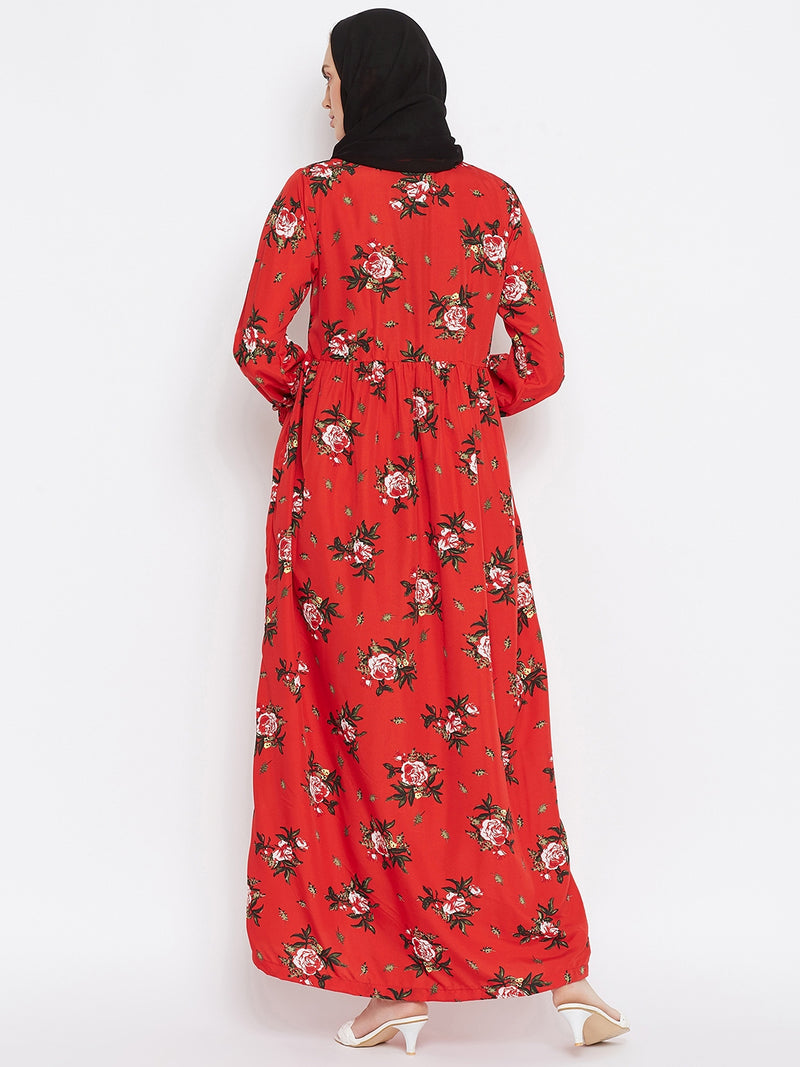 Nabia Women Red Floral Printed Crepe Abaya Dress With Georgette Scarf