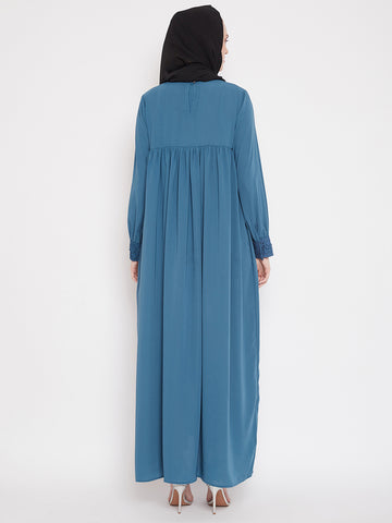 Nabia  Women Sky Blue Solid Lace Maxi Abaya Dress With Georgette Scarf