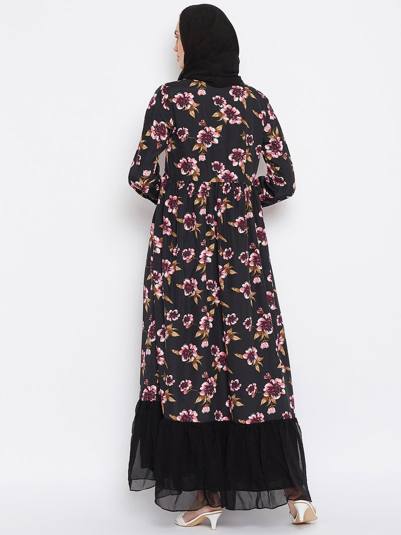 Nabia Women Black Floral Printed Crepe Frill Abaya Dress With Georgette Scarf