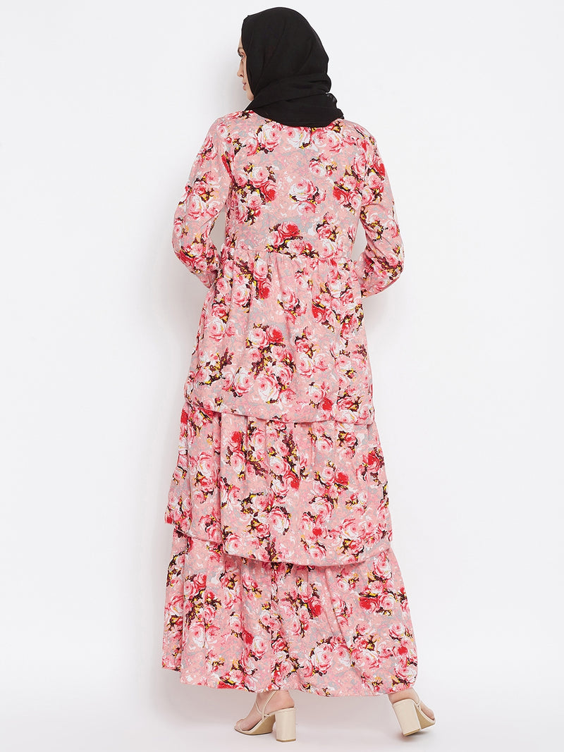 Nabia Women Pink Floral Printed Crepe Three Frill Abaya Dress With Georgette Scarf