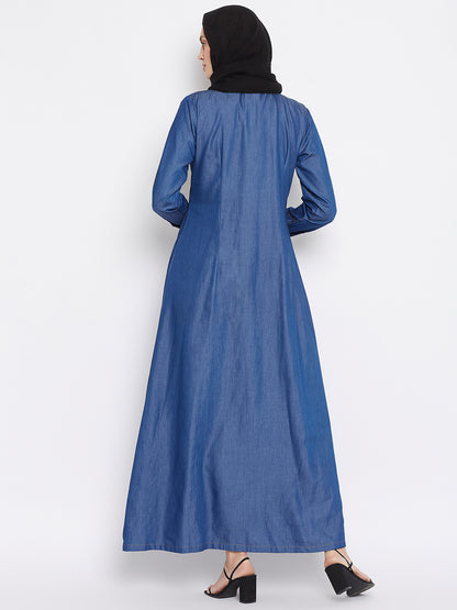 Nabia Women Blue Solid Denim Front Open Abaya Dress With Georgette Scarf