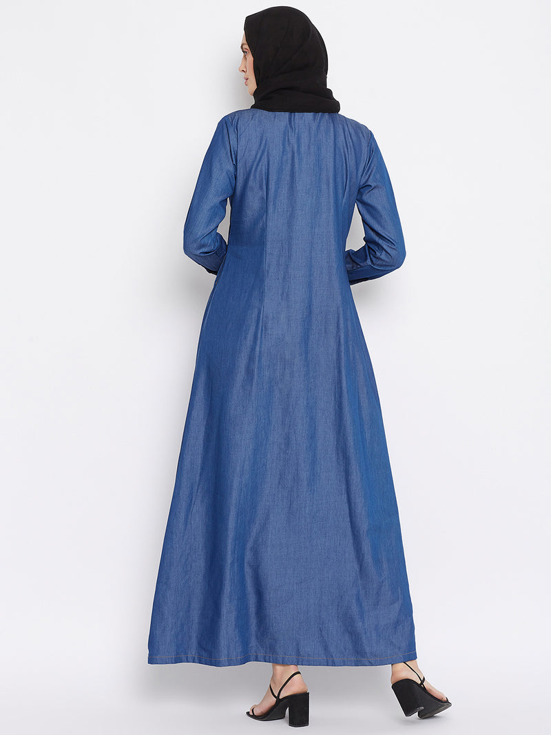 Nabia Women Blue Solid Denim Front Open Abaya Dress With Georgette Scarf