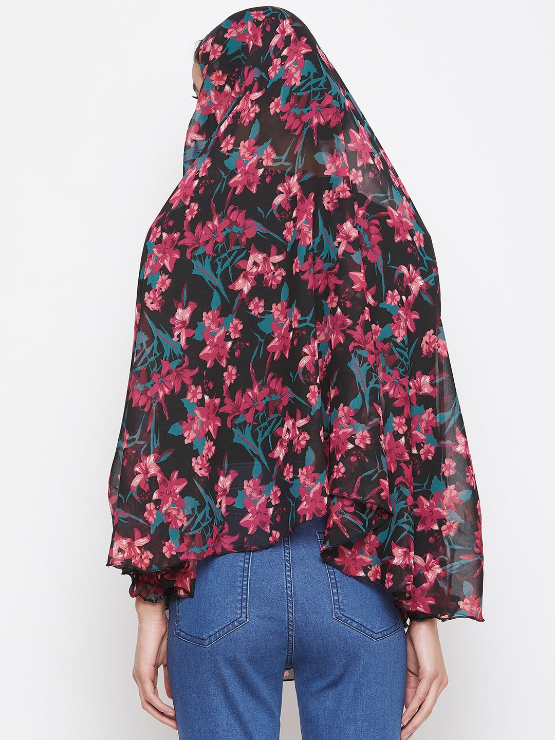 Nabia Women Black Floral Printed  Khimar Hijab