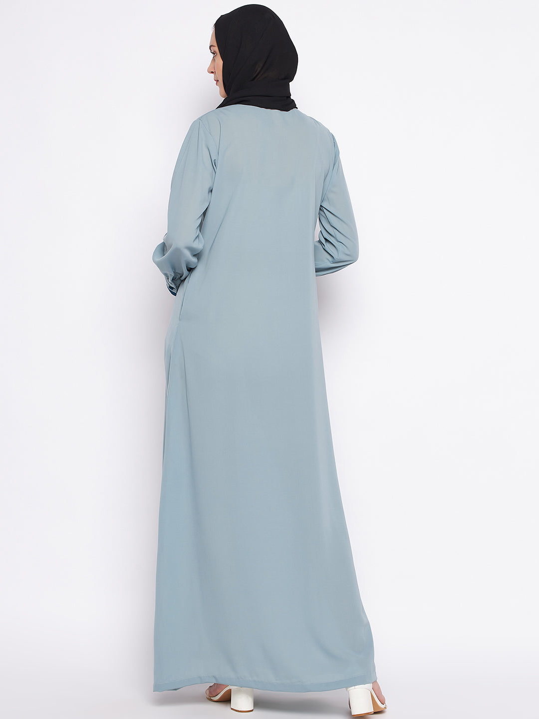 Nabia Sea Green Solid Nida Matte Fabric Abaya For Women with Georgette Scarf