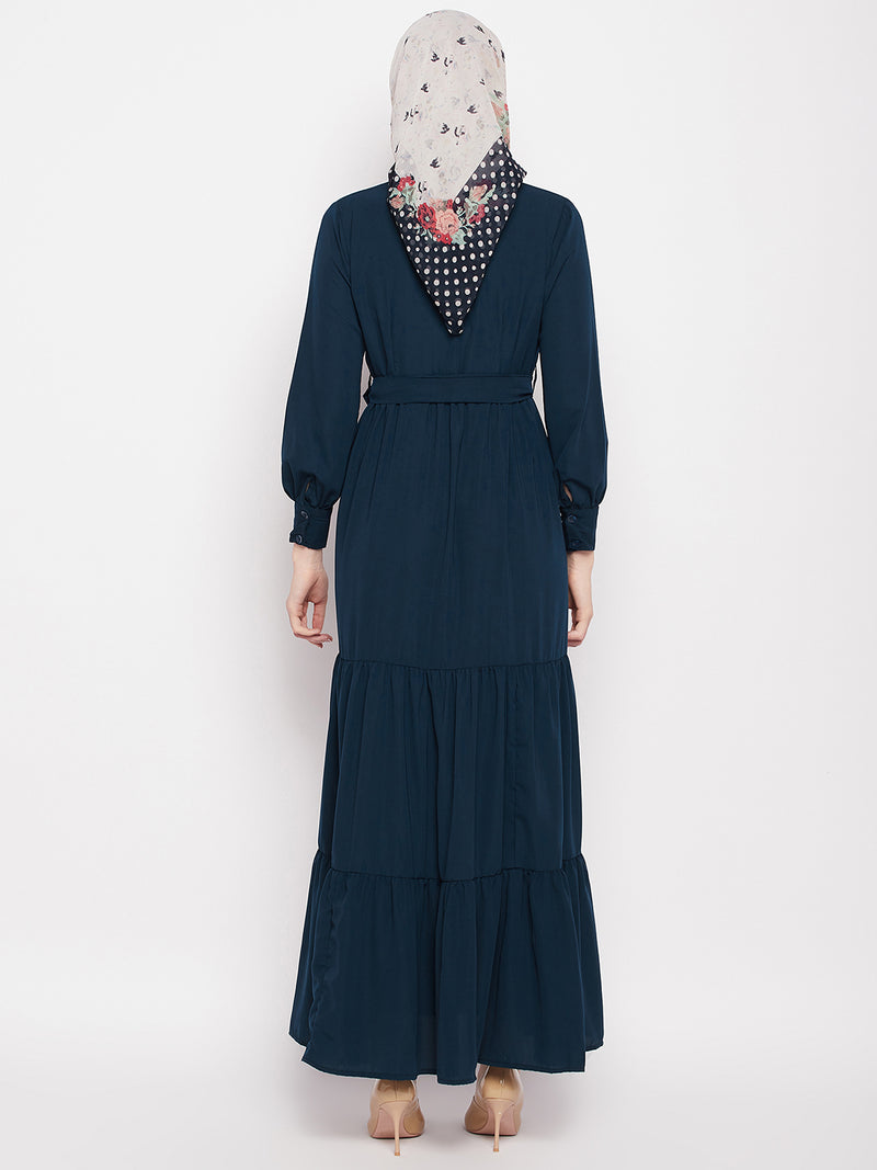 Nabia Women Teal Solid Frilled Nida Matte Fabric Abaya Burqa With Black Georgette Scarf