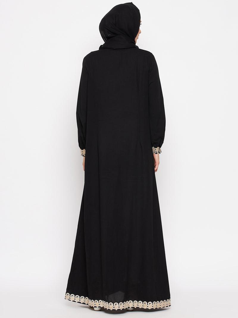 Nabia Women Black Embroidery Nida Matte Abaya With Georgette Scarf