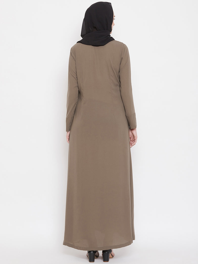 Nabia Women Oat Solid Side Plate Abaya Dress With Georgette Scarf
