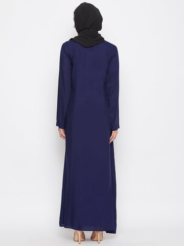 Nabia Women Blue Rayon Front Open Abaya with Georgette Scarf