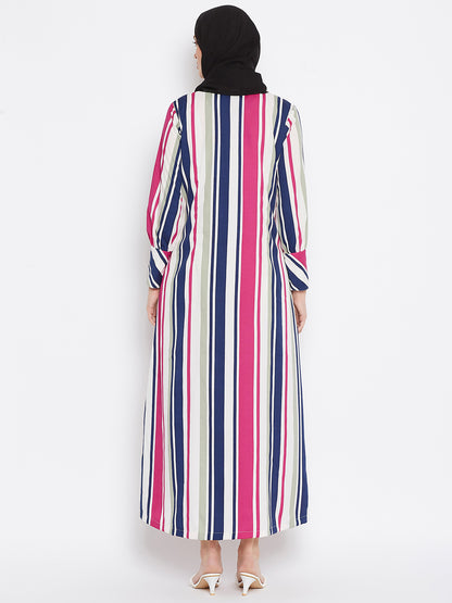Nabia Women Pink Front Open Striped Abaya with Georgette Scarf