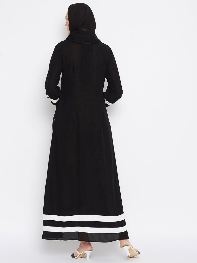 Nabia Women Black & White Solid Nida Matte A line Abaya With Georgette Scarf