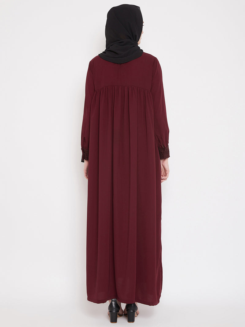Nabia Women Maroon Solid Lace Maxi Abaya Dress With Georgette Scarf