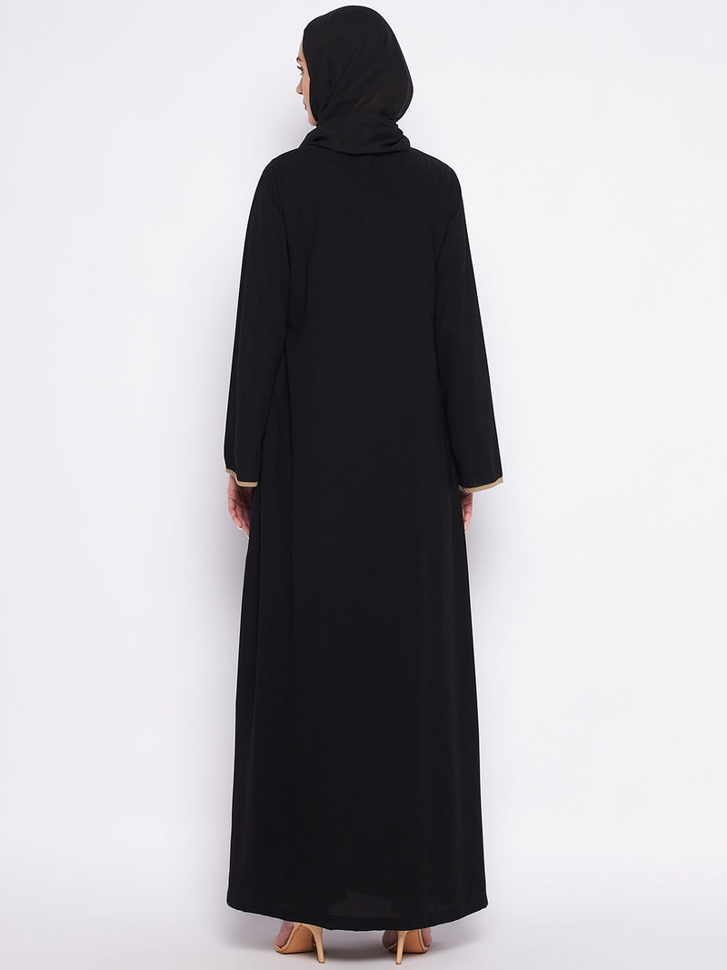 Nabia Black Nida Matte Fabric Piping Design Double Layer Abaya For Women With Georgette Scarf