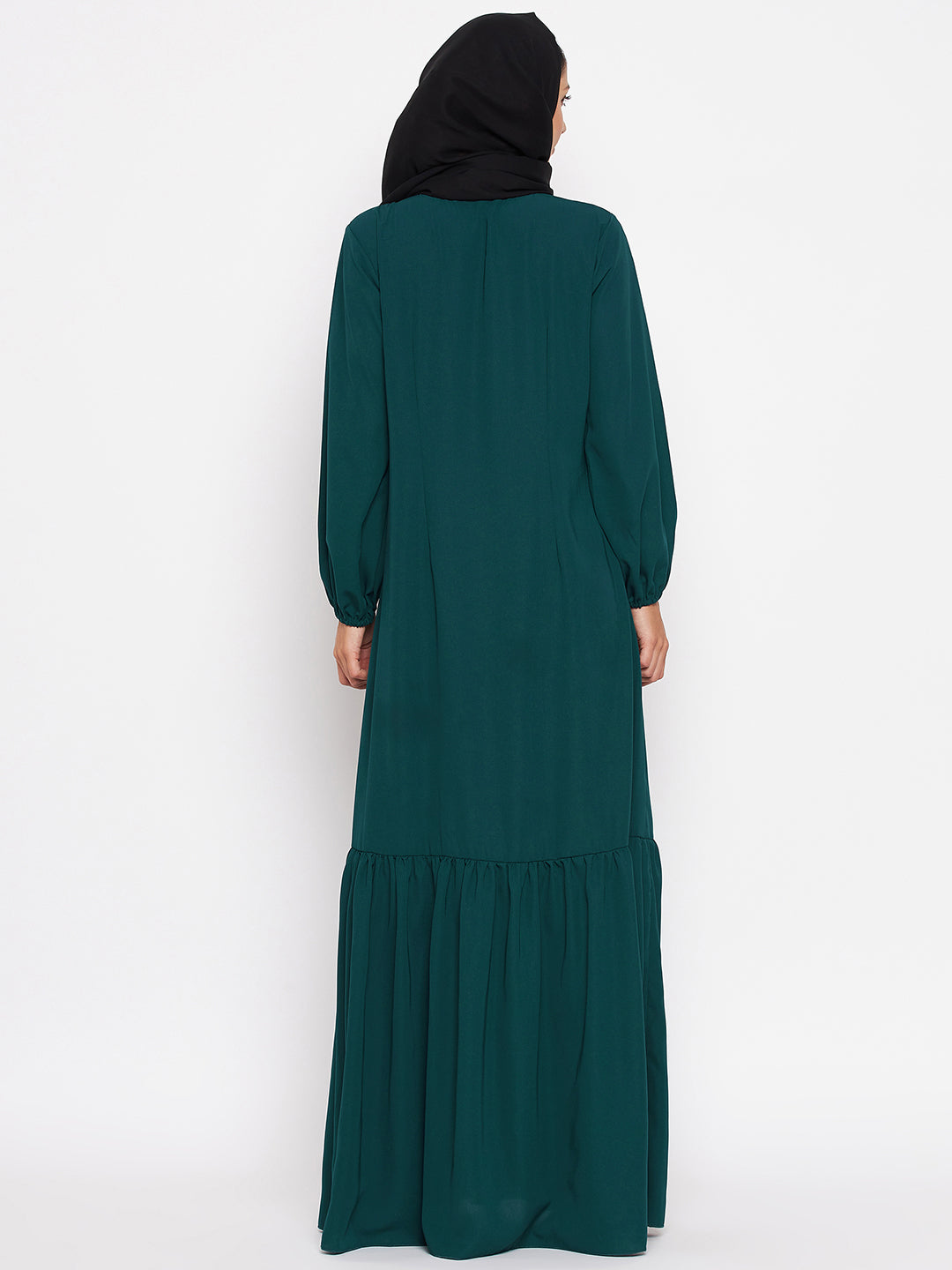 Nabia Women Bottle Green Solid Frill Abaya Burqa With Georgette Scarf