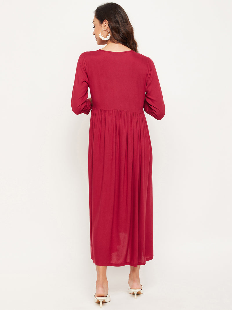 Maroon Solid Maternity Dress for Women